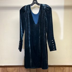 Teal velvet dress with pearl bottons